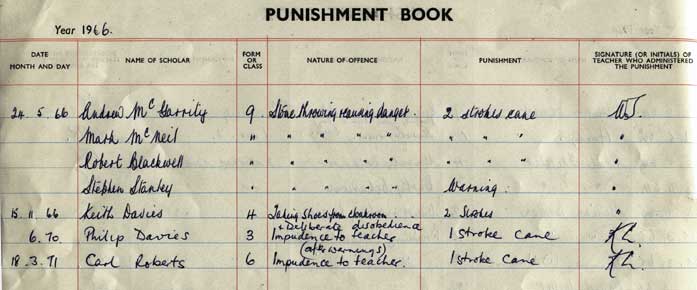 Example page from a punishment book, Higher Bebington Junior School (1966).