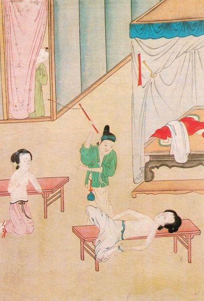 Erotic whipping scene in a Chinese brothel. Colorized drawing, 19th century.