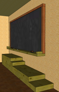 A blackboard with a platform for smaller class members to use.