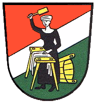Woman with a laundry beater in the coat of arms of Wäschenbeuren, Germany.