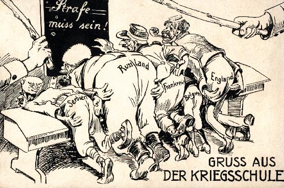 Greetings from the war school. Germany thrashes Europe and Russia like schoolchildren in political cartoon from World War I.