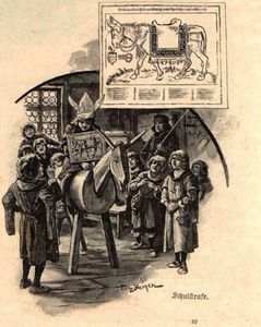 "Schulstrafe" (school punishment), 1896: wooden donkey, donkey cap, and donkey board for maximum humiliation.