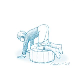 Henry is made to kneel on a pouffe to receive his first spanking at the hands of Dame Hilda for not obeying her command quickly enough. Drawing by Spankart (2008).