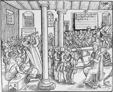 Contemporary woodcut of a Tudor grammar school (1592).