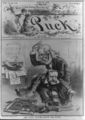 Cartoon in Puck showing Peter Cooper spanking his son, N.Y. Mayor Edward Cooper (1879).