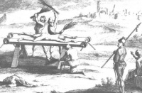 Illustration of a birching rack from Spain or Italy, possibly the Spanish Inquisition (circa 16th century).