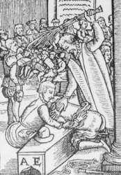 Medieval woodcut (1592) showing a school birching over a block.