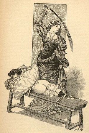 F/F spanking illustration by Léon Roze, from Le Fouet au Moyen-âge (1908).