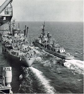 Underway replenishment, (l to r) USS Ranger, USS Mauna Kea, USS Frank Knox