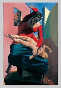 The Virgin Spanking the Christ Child before Three Witnesses, surrealist oil painting, F/m, 1926 by Max Ernst (1891-1976)