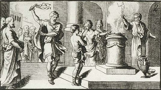 Flogging of boys in Sparta, engraving by Johann Rudolf Schellenberg (1784).