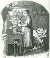 A young mother prepares the Christmas Tree while her child sleeps. Note the presents such as apples and gingerbread man, as well as the birch rod laid out on the chair.