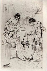 Enema illustration for the novel Sous la tutelle by René-Michel Desergy (1932).