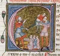 Illuminated initial, showing the birching of a boy by a schoolmaster (M/m).