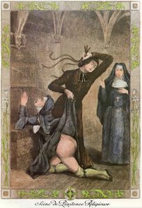 French vintage illustration of a nunnery scene in which a nun is whipped on her bare bottom for penitence.