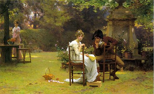 Two's Company, Three's None, oil painting by the English artist Marcus Stone (1840-1921).