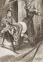 Drawing of woman on a birching horse by P. Fusty (1909).