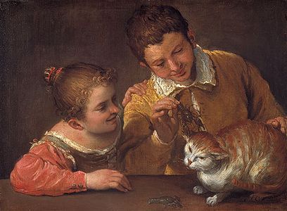"Two children teasing a cat"
