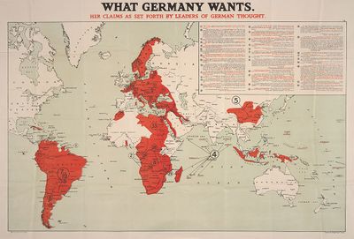 A world map showing territory that "Germany Wants" by Edward Stanford. 1917.