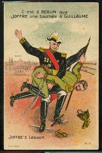 Politial caricature spanking postcard, French Marshall Joffre spanking Kaiser Wilhelm II.
