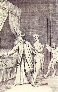 The Devil watches a cleric whipping a woman.