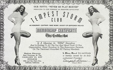 Tempest Storm Fan Club card
