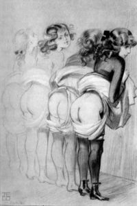 Spanking illustration for the novel Cuisant noviciat by Paulette Vergès (P. Beloti) (1935).