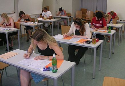 Students taking a test at the University of Vienna, June 2005.