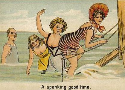 A spanking postcard with modest swimsuits, circa 1900.