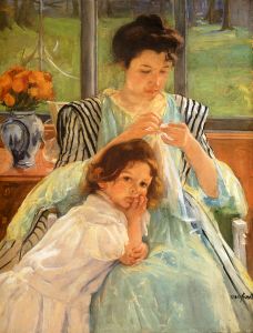 Girl leaning against her mother's lap, painting by Mary Cassatt, c.1900.