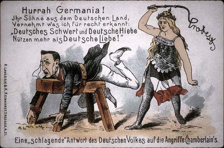 Political cartoon of Germany whipping England's Secretary of State, Joseph Chamberlain (c. 1901).