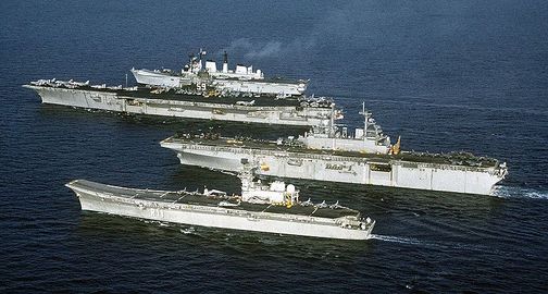 Brazilian R-11, Pincipe-de-Asturias, USS Wasp, USS Forrestal, HMS Invincible showing comparable sizes of aircraft carriers