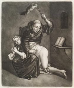 Friar whipping a nun (Mezzotint)