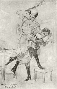"Strafe vom hübschen Dienstmädchen" (punishment from the pretty maid), birching drawing by Richard Hegemann, 1932.