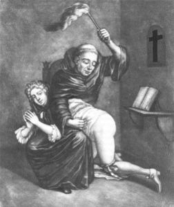 Friar whipping a nun, engraving by John Smith (circa 1683-1729).