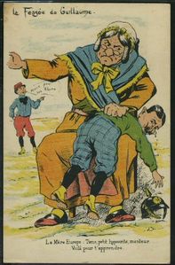 Caricature spanking postcard, Mother Europe spanking Kaiser Wilhelm II.