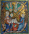 A master strikes a boy's hand with a palmatoria (c. 1309-1316).