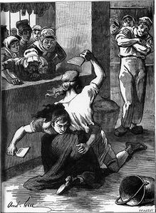 Illustration of Émile Zola's L'Assommoir: two women mutually spanking each other with laundry beaters (1877).