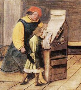 A teacher/student scene from a painting by Ambrosius Holbein.