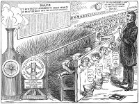 Vintage cartoon drawing of a steam-driven whipping machine.