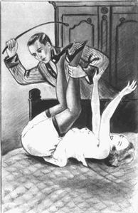 A man cropping a woman in the diaper position. Drawing by J. X. Dumoulin from the 1920s or 1930s.